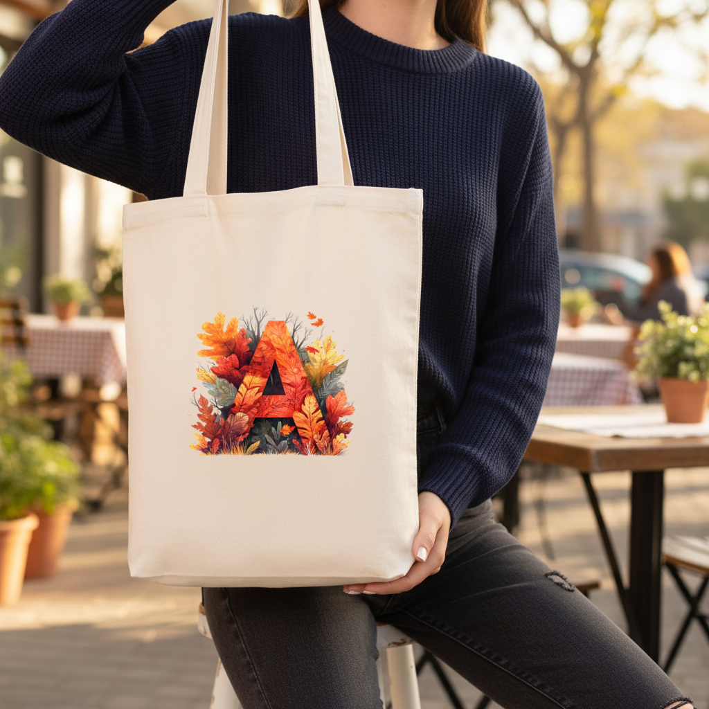 Autumn Leaf Letter A Monogram Gusseted Canvas Tote Bag