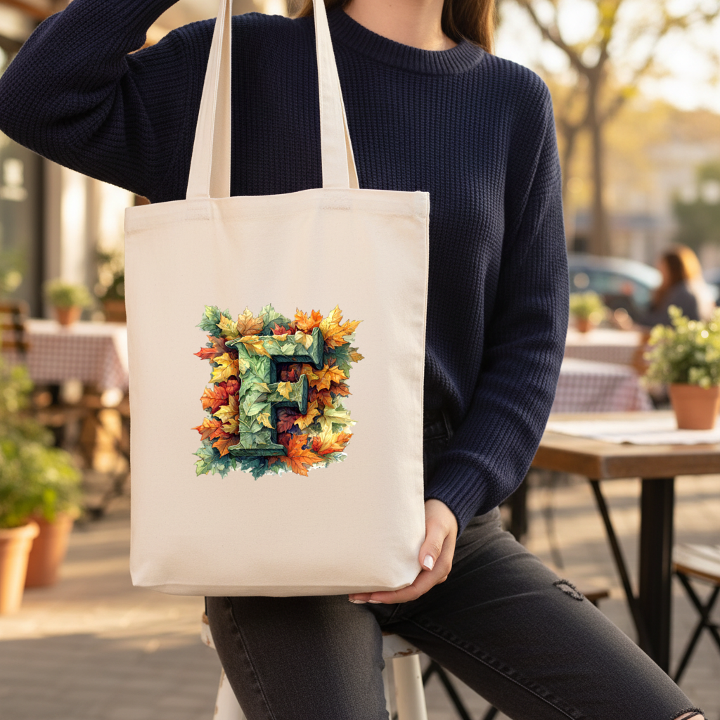 Autumn Leaf Monogram F Gusseted Canvas Tote Bag
