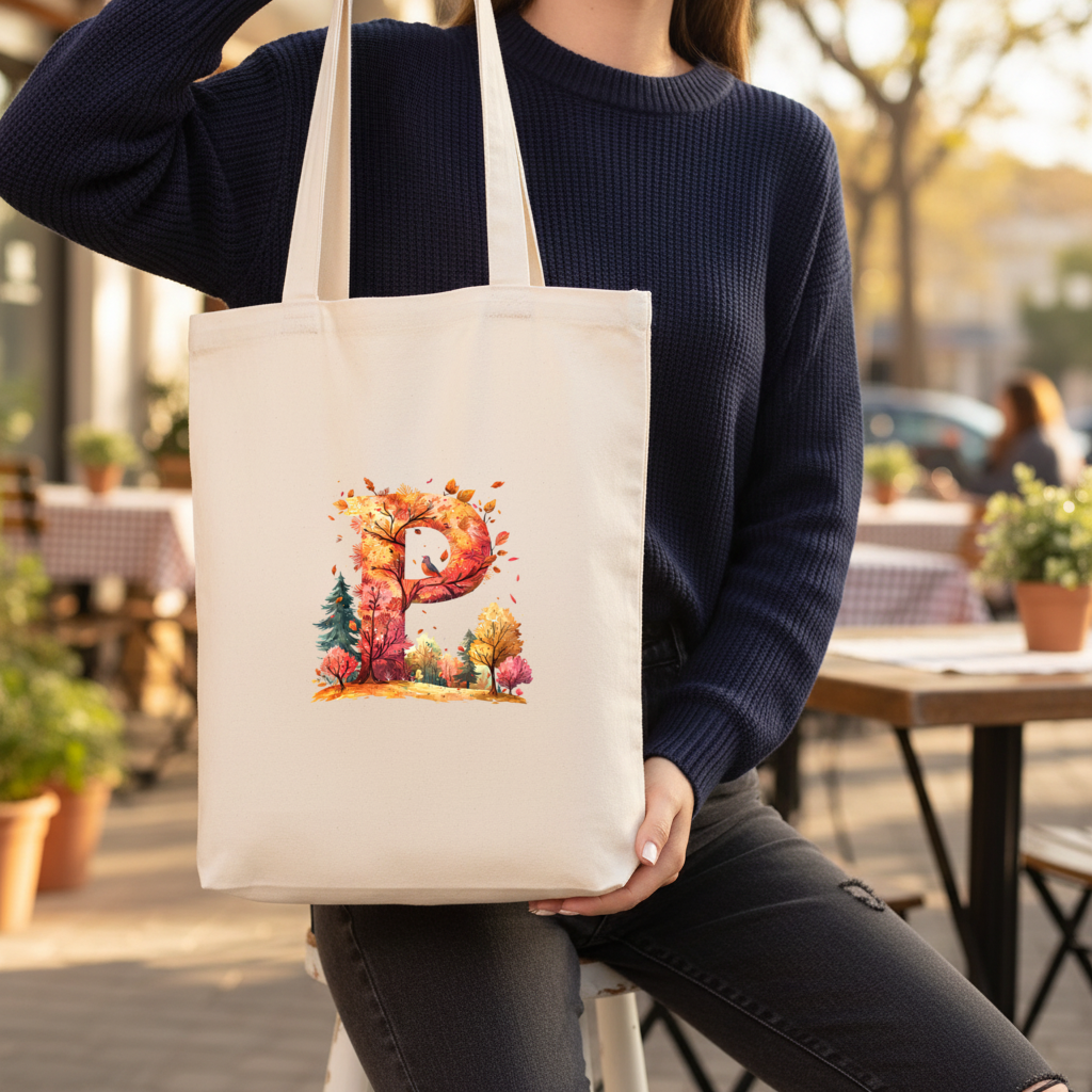 Autumn Forest Letter P with Bird Gusseted Canvas Tote Bag