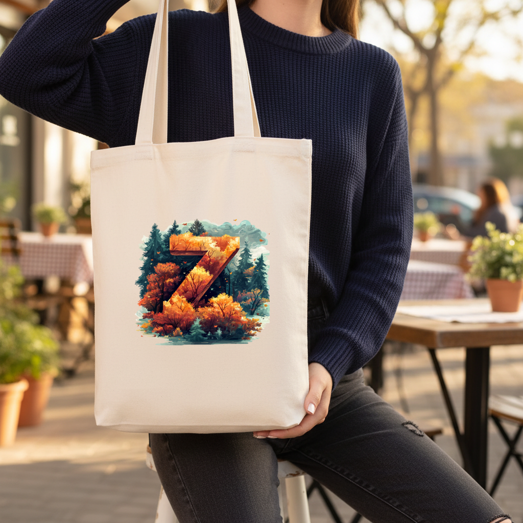 Autumn Leaf Forest Letter Z Gusseted Canvas Tote Bag