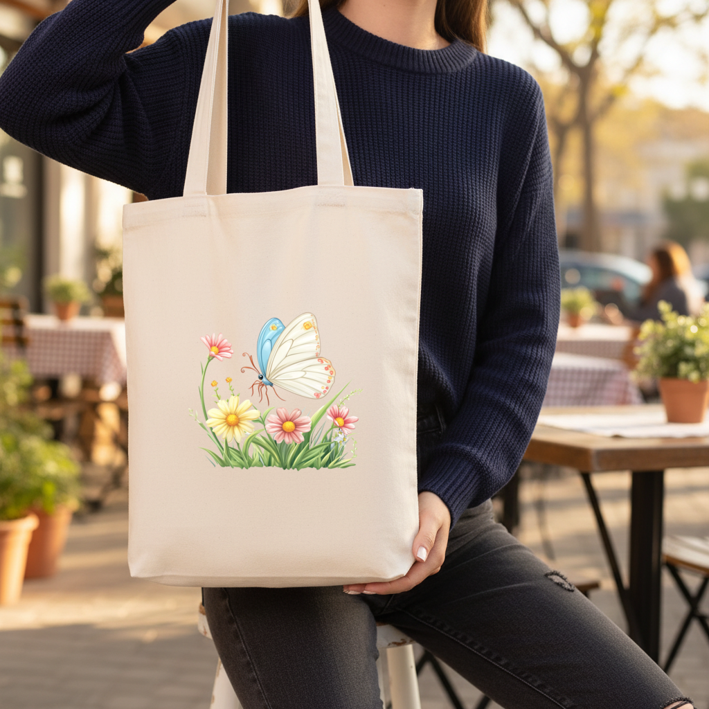 Whimsical Pastel Butterfly and Wildflowers Gusseted Canvas Tote Bag