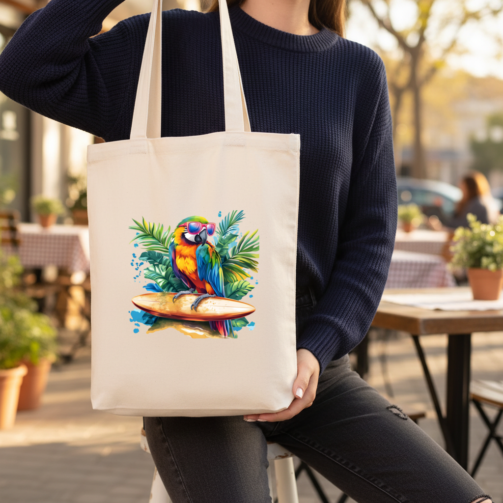 Sörf Yapan Güneş Gözlüklü Papağan Körüklü Canvas Çanta
