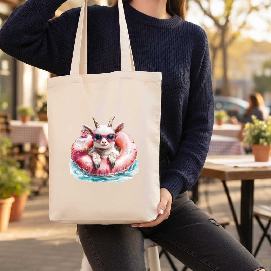 Baby Goat in Pink Pool Ring Gusseted Canvas Tote Bag