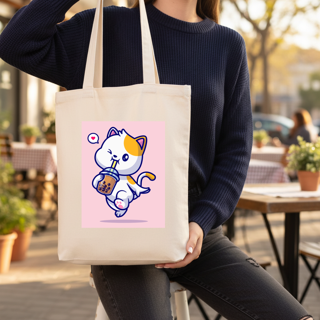 Kawaii Cat Drinking Boba Tea Gusseted Canvas Tote Bag