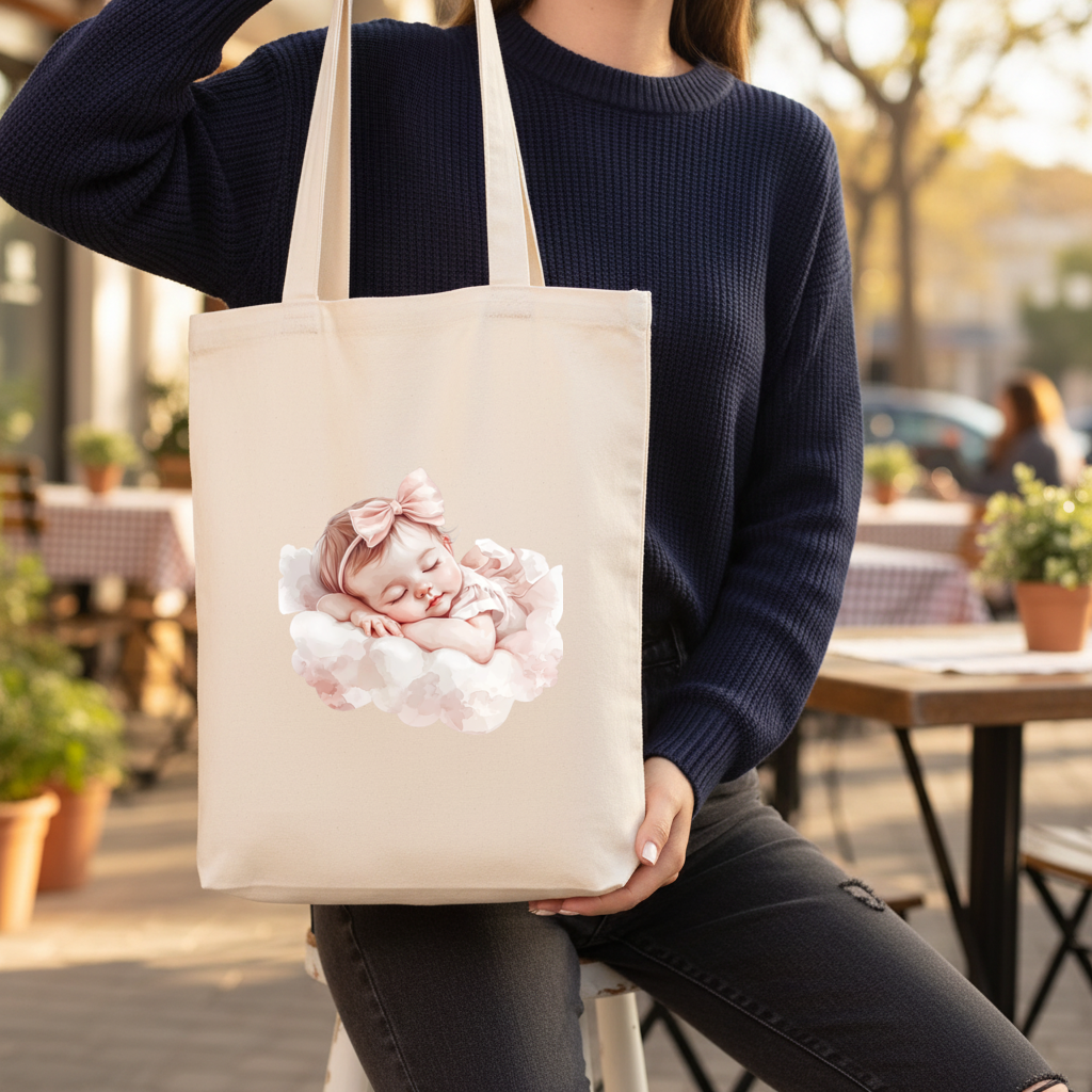 Pembe Kurdeleli Uyuyan Kız Bebek Körüklü Canvas Çanta