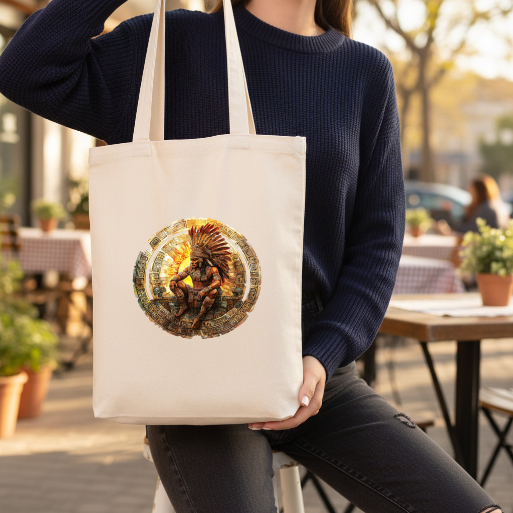 Ancient Aztec Sun Warrior Gusseted Canvas Tote Bag