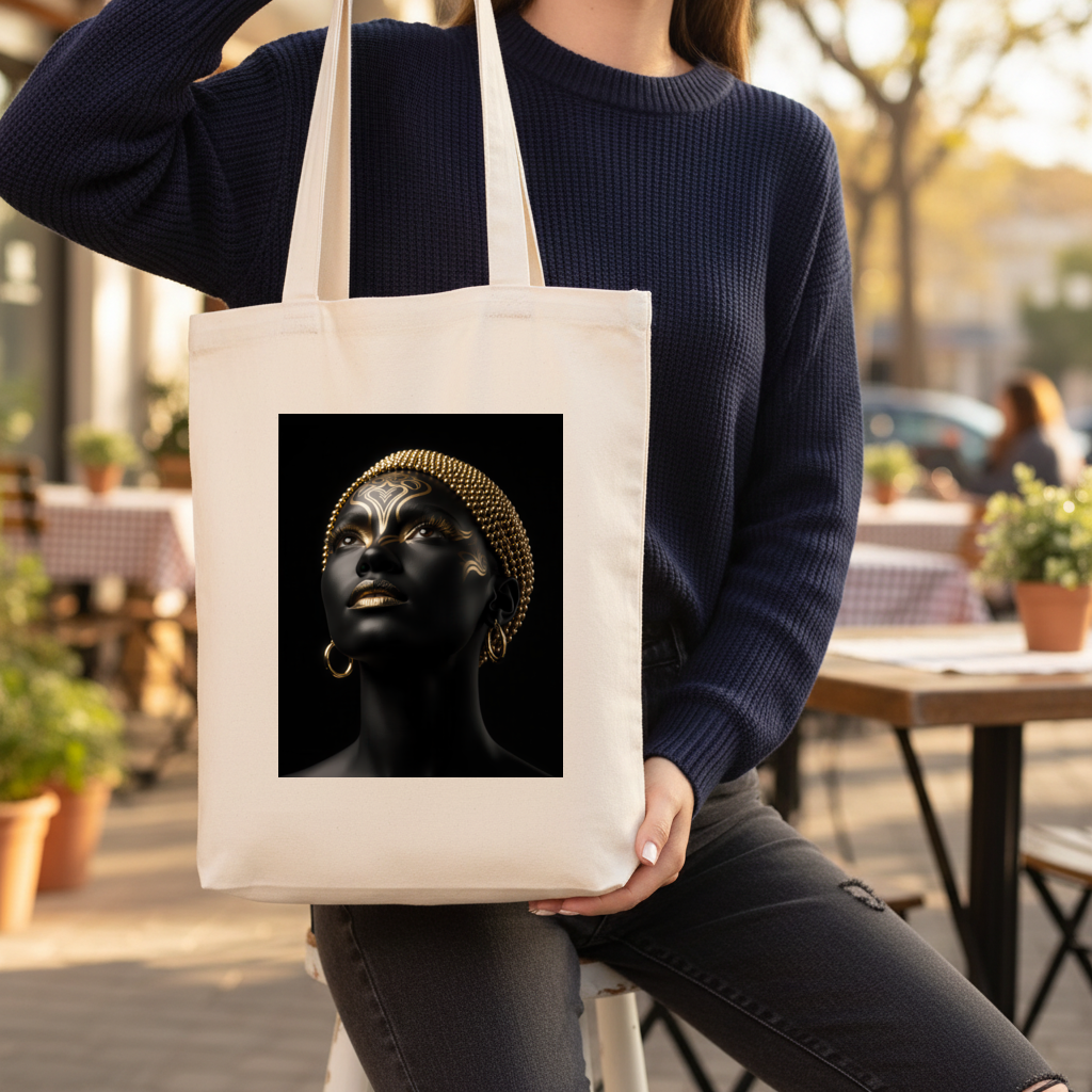 Gold Afrofuturistic Black Woman Gusseted Canvas Tote Bag
