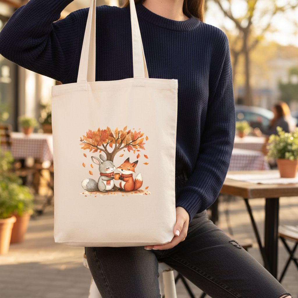 Cozy Autumn Fox and Rabbit Gusseted Canvas Tote Bag