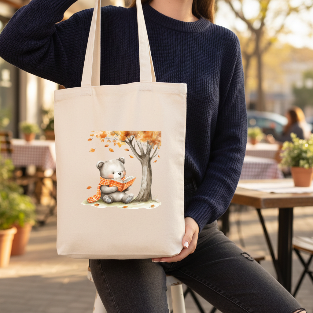 Kitap Okuyan Turuncu Atkılı Ayı Körüklü Canvas Çanta