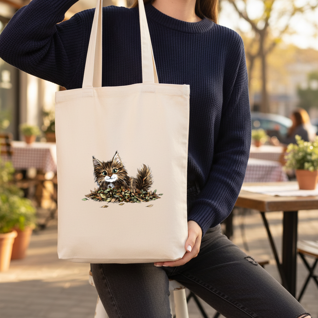 Cute Fluffy Kitten in Autumn Leaves Gusseted Canvas Tote Bag