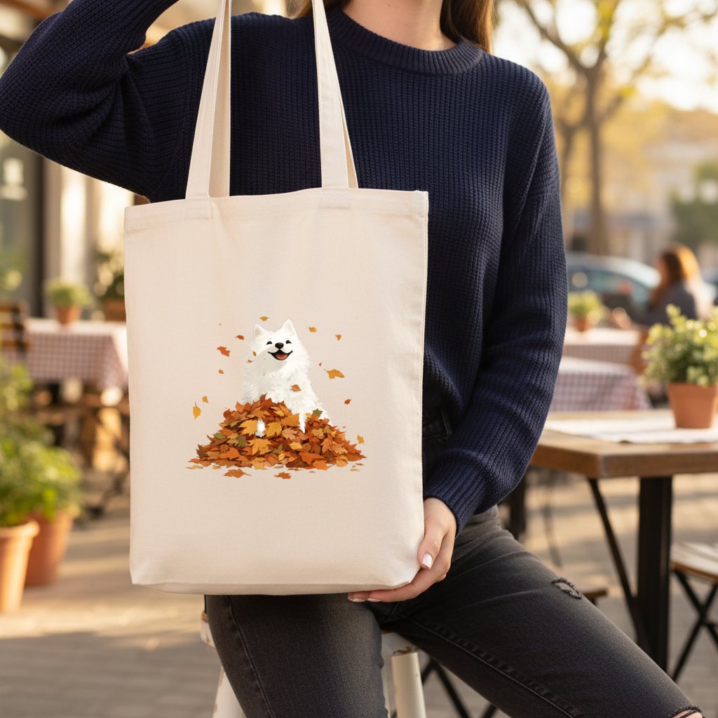Mutlu Beyaz Köpek ve Sonbahar Yaprakları Körüklü Canvas Çanta