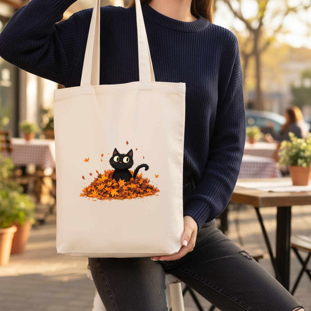 Cute Black Cat in Autumn Leaves Gusseted Canvas Tote Bag