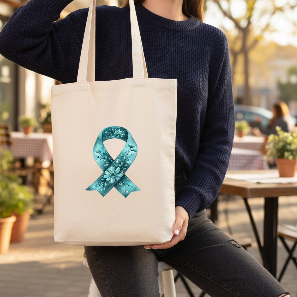 Floral Teal Awareness Ribbon Gusseted Canvas Tote Bag