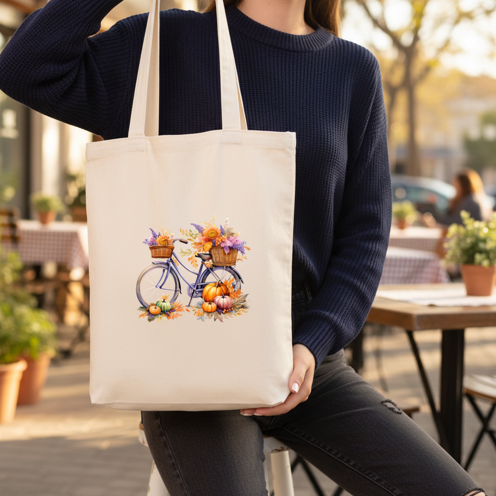 Balkabaklı ve Ayçiçekli Sonbahar Bisikleti Körüklü Canvas Çanta