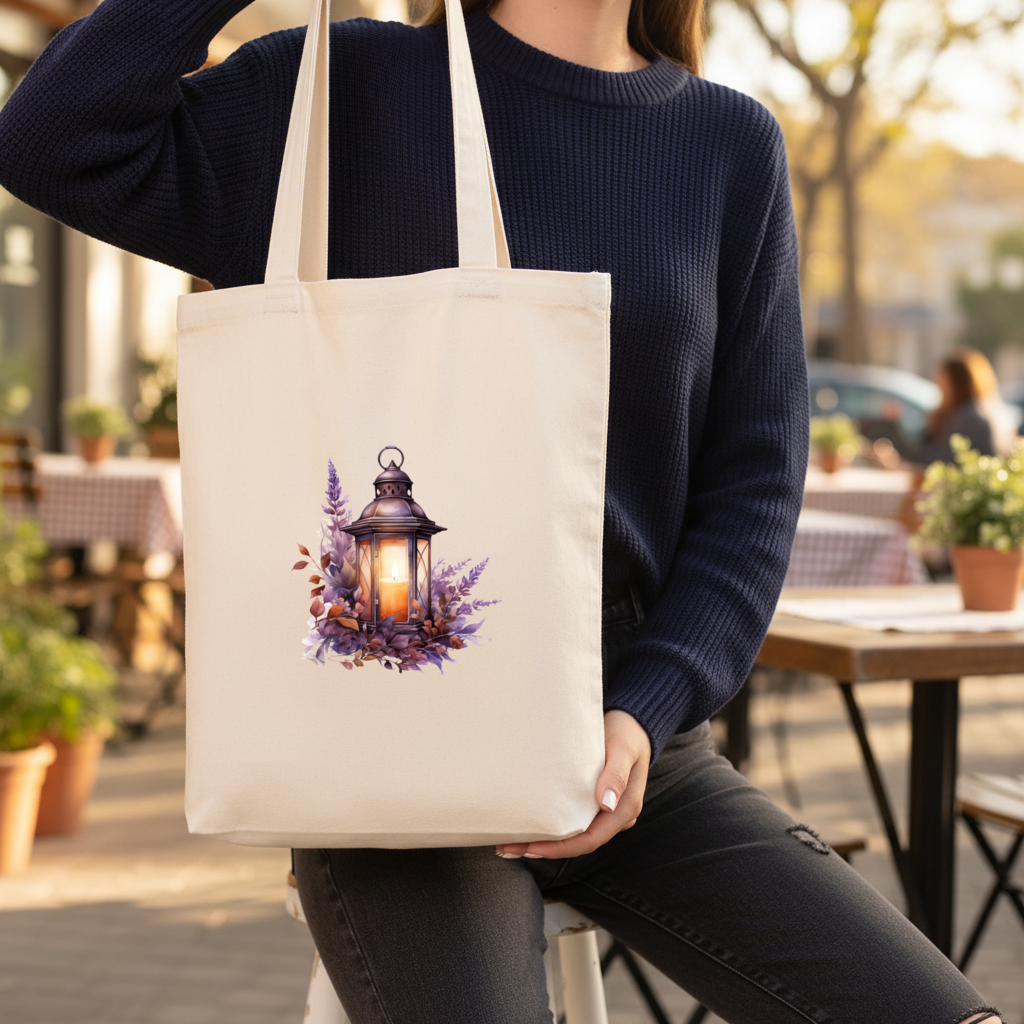 Lavanta ve Güz Yapraklı Antika Fener Körüklü Canvas Çanta