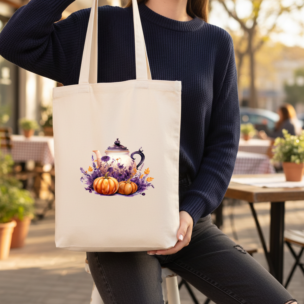 Vintage Purple Floral Pumpkin Teapot Gusseted Canvas Tote Bag