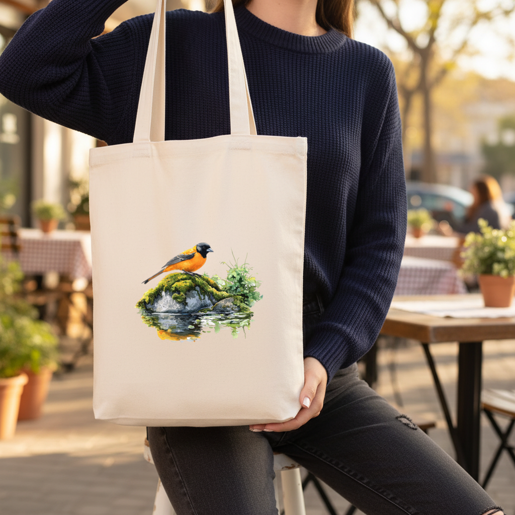 Orange Baltimore Oriole Bird Gusseted Canvas Tote Bag