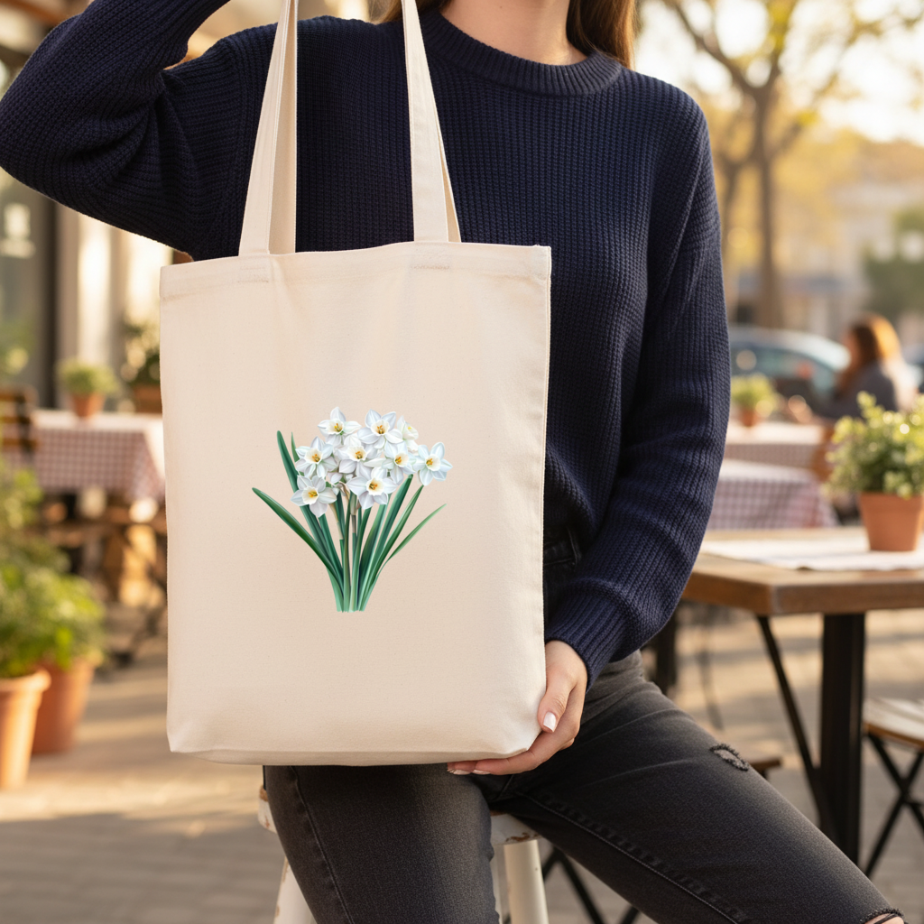 White Daffodil Bouquet Botanical Gusseted Canvas Tote Bag