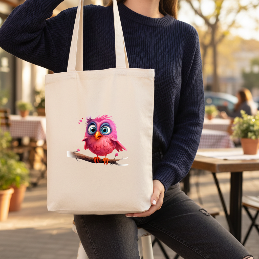 Cute Pink Bird with Large Blue Eyes Gusseted Canvas Tote Bag