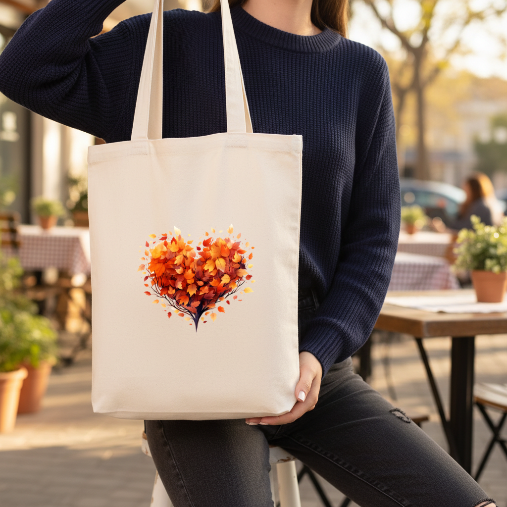 Autumn Leaf Heart Gusseted Canvas Tote Bag
