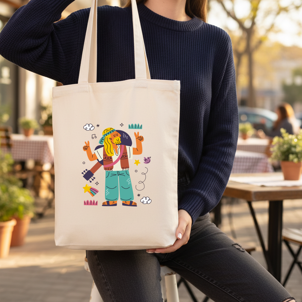 Retro Hippie Character Gusseted Canvas Tote Bag
