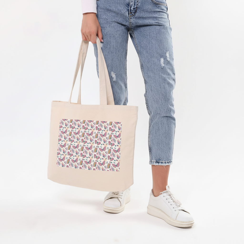 Pastel Butterflies and Botanical Leaves Seamless Pattern Horizontal Canvas Tote Bag