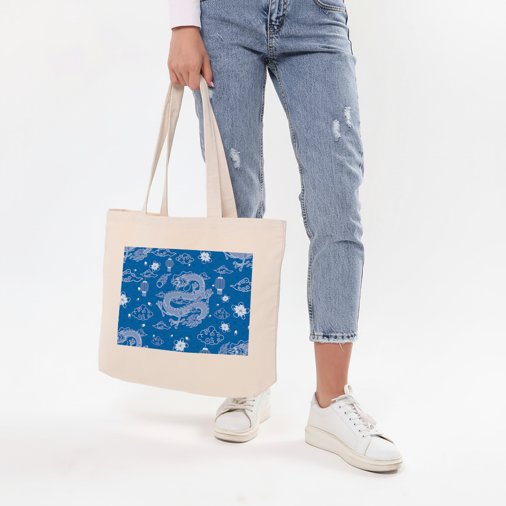 Traditional Dragon Pattern on Blue Background Horizontal Canvas Tote Bag
