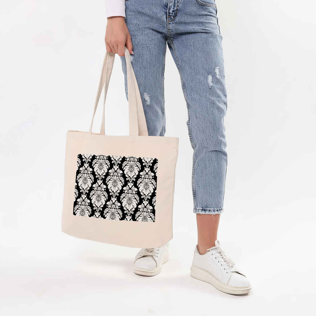 Siyah Beyaz Barok Çiçek Deseni Yatay Canvas Çanta