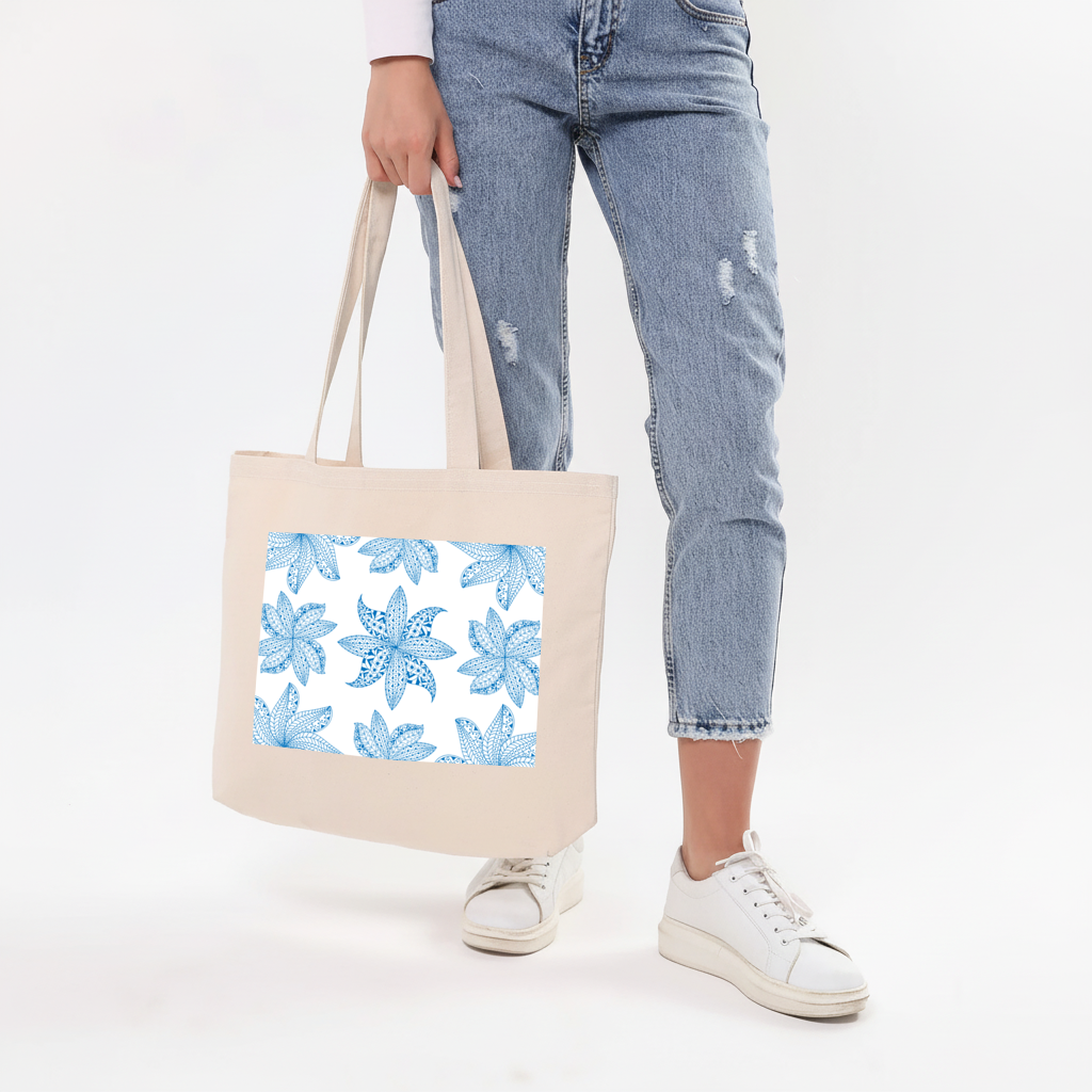 Blue Mandala Floral and Leaf Zentangle Pattern Horizontal Canvas Tote Bag