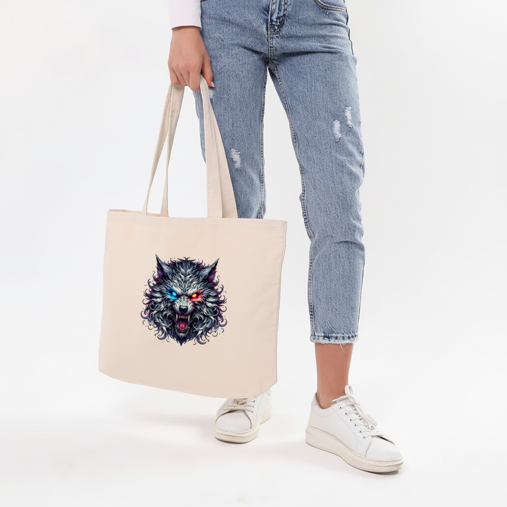 Fierce Wolf Head Illustration Heterochromia Eyes, Savage Wolf Horizontal Canvas Tote Bag