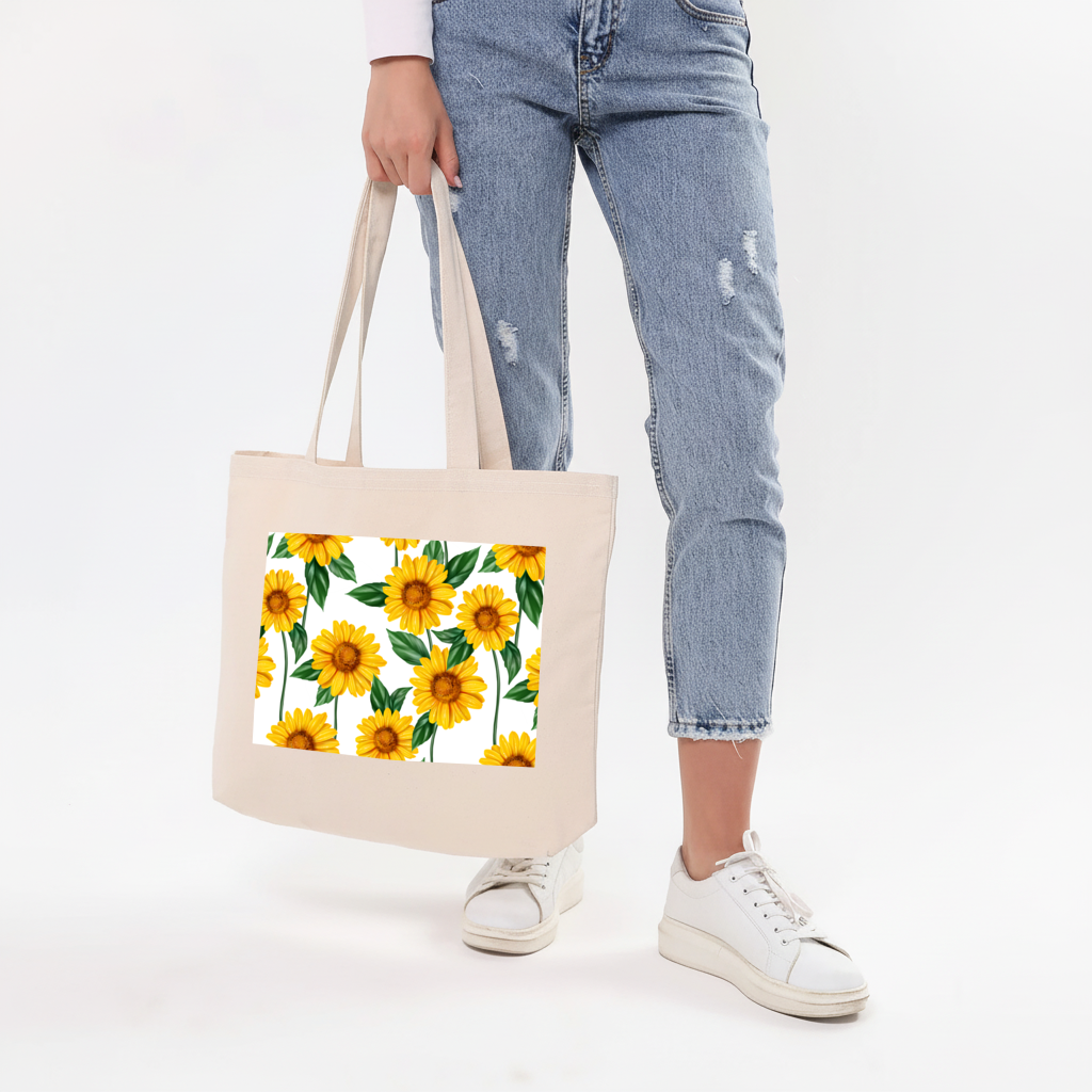 Vibrant Yellow Sunflower and Green Leaf Pattern Illustration Horizontal Canvas Tote Bag