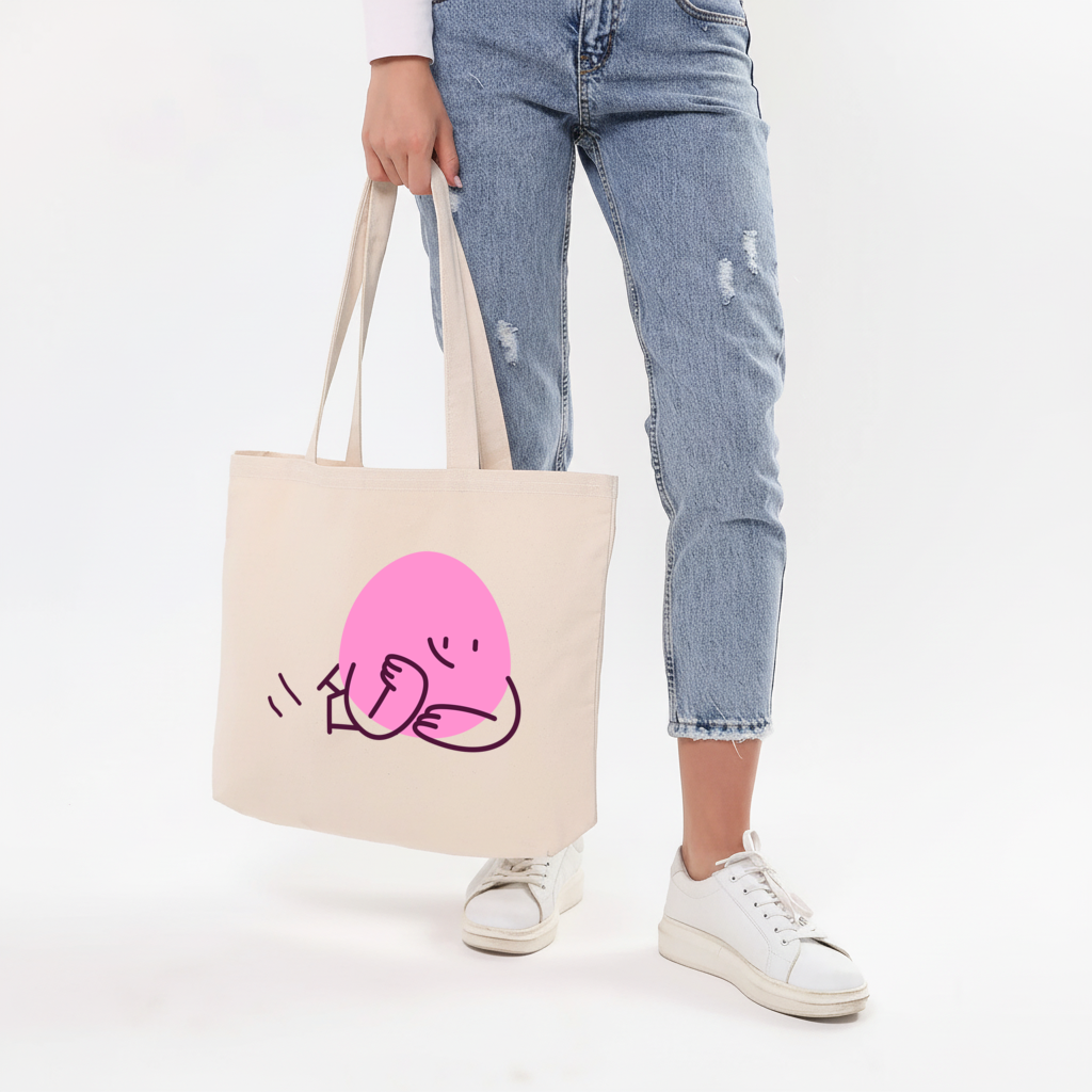 Sevimli Pembe Uzanmış Karakter Çizimi Yatay Canvas Çanta