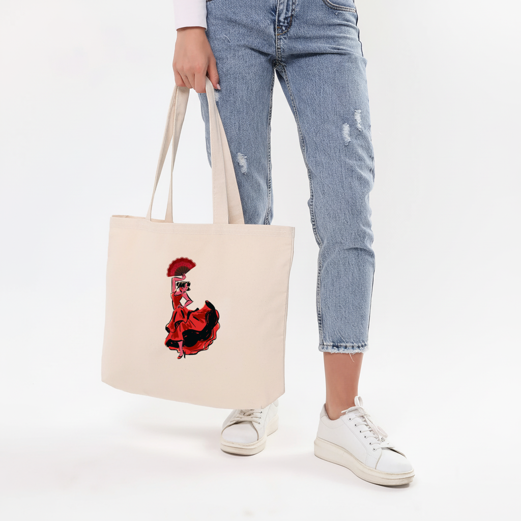 Flamenco Dancer with Fan Illustration Horizontal Canvas Tote Bag