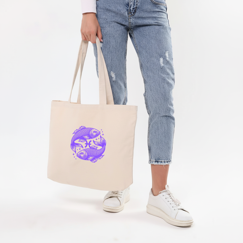 Pisces Zodiac Symbol with Purple Fish Art Horizontal Canvas Tote Bag