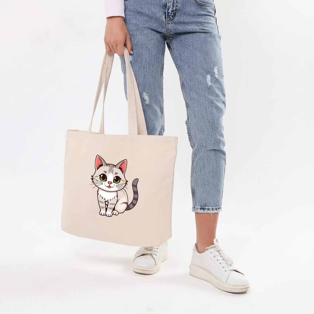 Yeşil Gözlü Gri Kedi Yatay Canvas Çanta