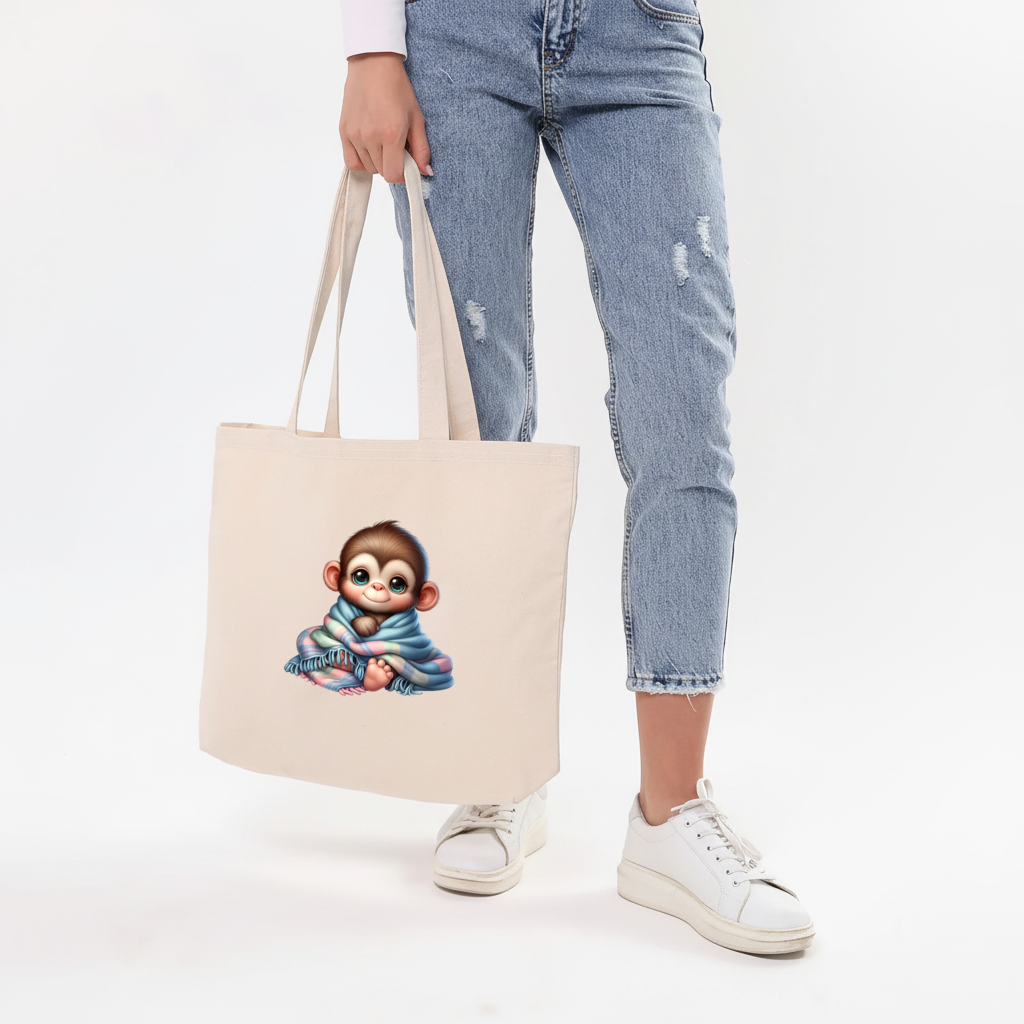 Battaniyeye Sarılı Tatlı Bebek Maymun Yatay Canvas Çanta