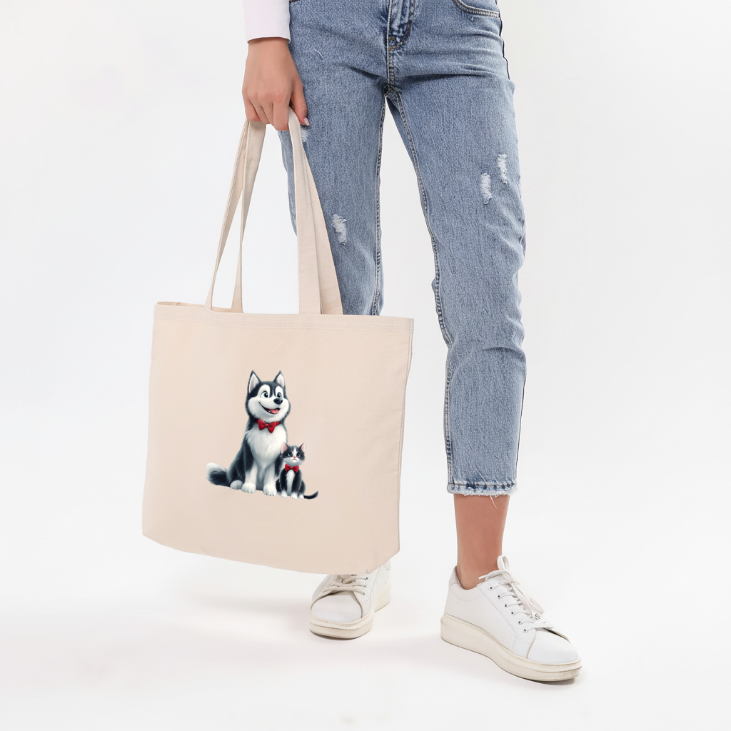 Cute Husky and Kitten with Red Bowties Horizontal Canvas Tote Bag