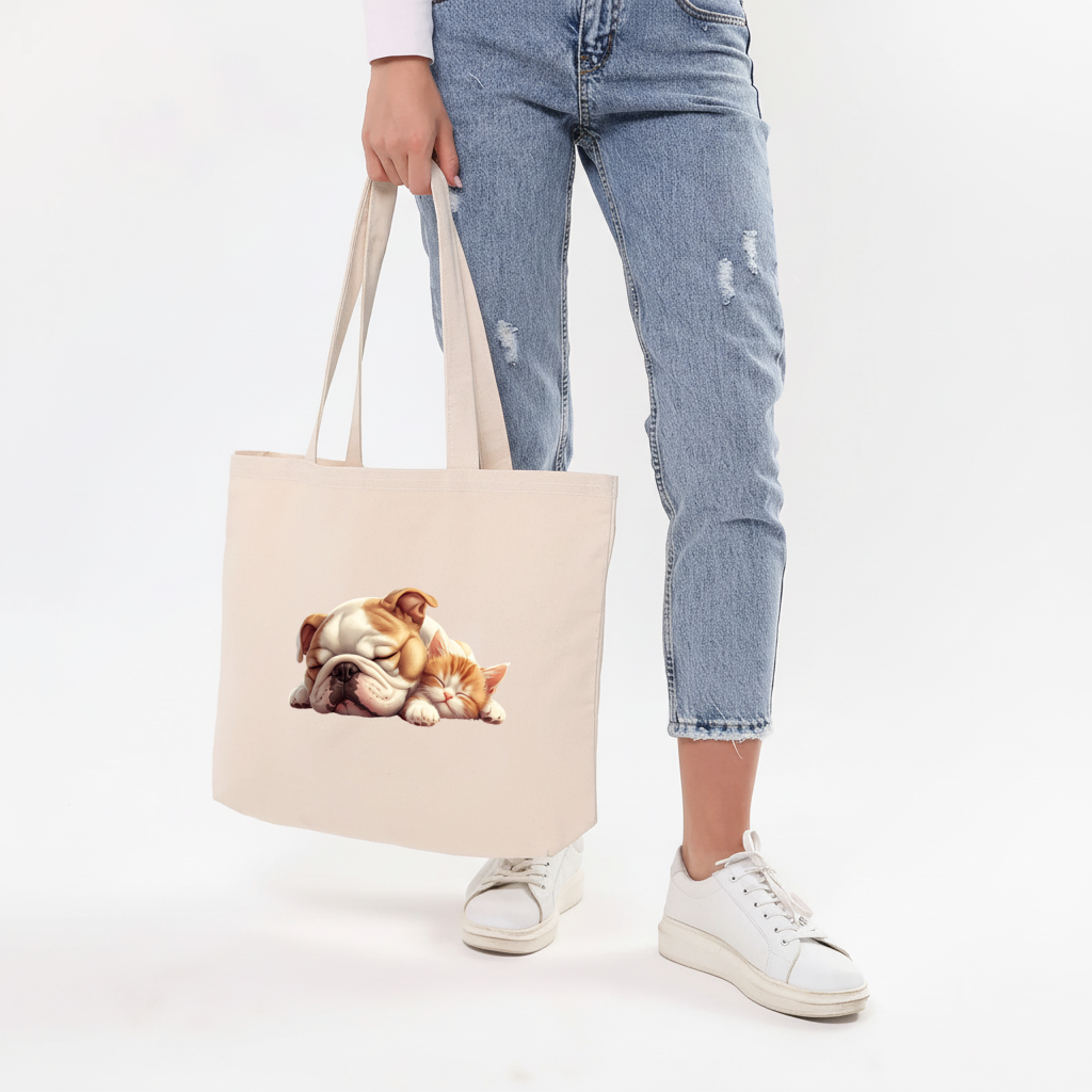 Uyuyan Buldog ve Yavru Kedi Yatay Canvas Çanta