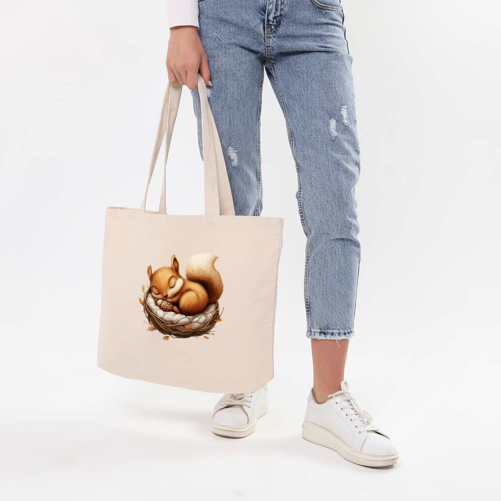 Sleeping Baby Squirrel in Nest Horizontal Canvas Tote Bag