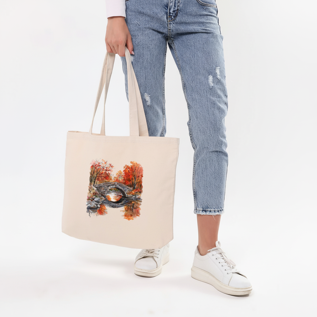 Sonbahar Taş Kemer Köprü ve Nehir Yatay Canvas Çanta