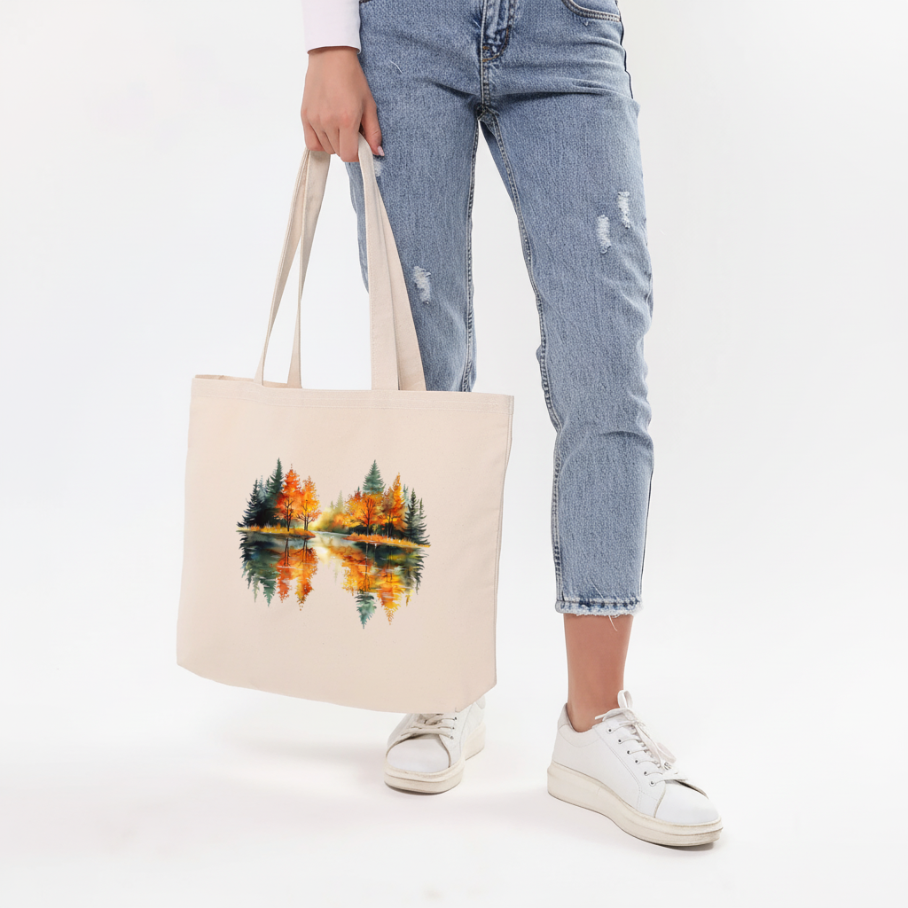 Autumn Forest Lake Reflection Horizontal Canvas Tote Bag