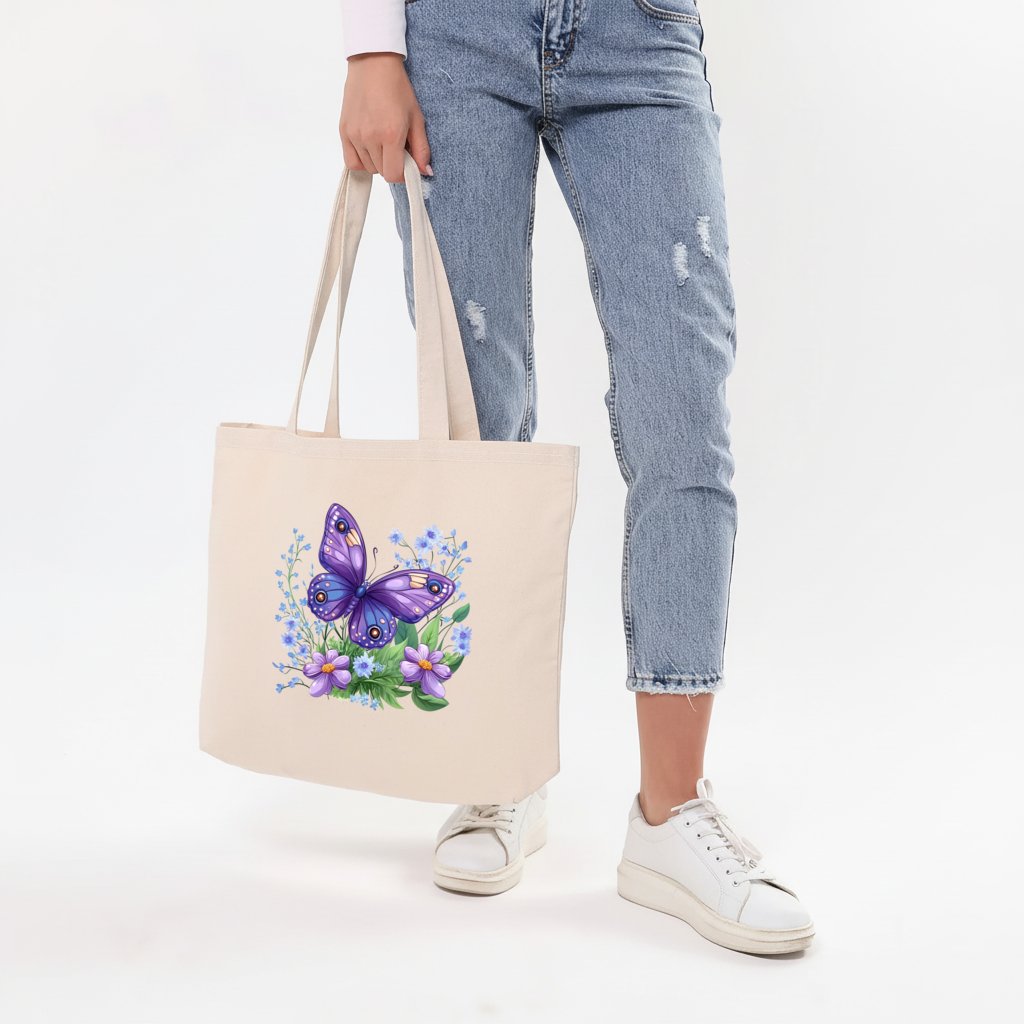 Cottagecore Purple Butterfly Floral Horizontal Canvas Tote Bag