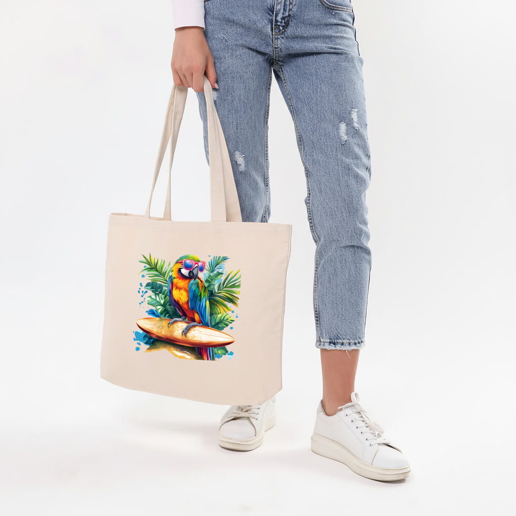 Surfing Parrot with Pink Sunglasses Horizontal Canvas Tote Bag