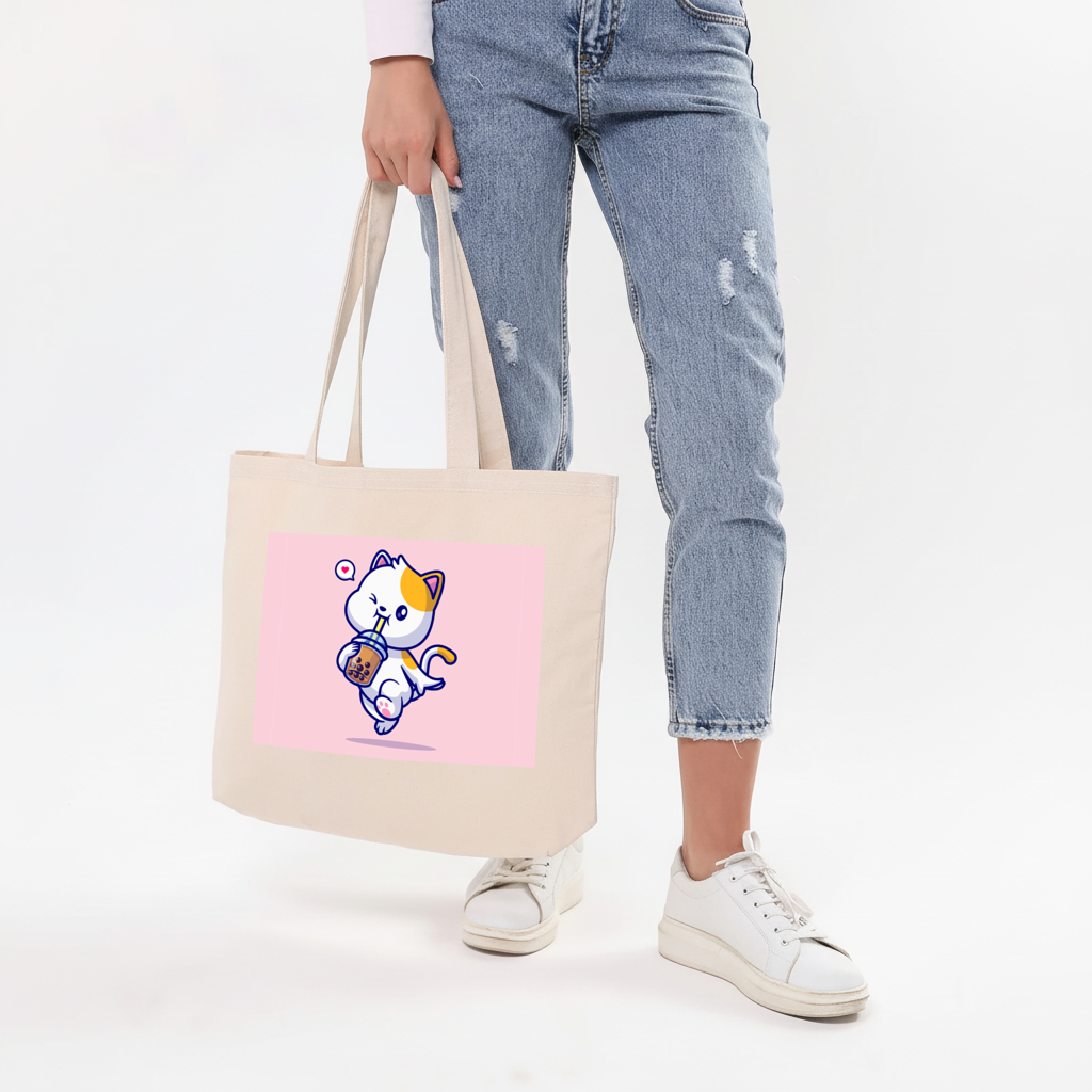 Kawaii Cat Drinking Boba Tea Horizontal Canvas Tote Bag