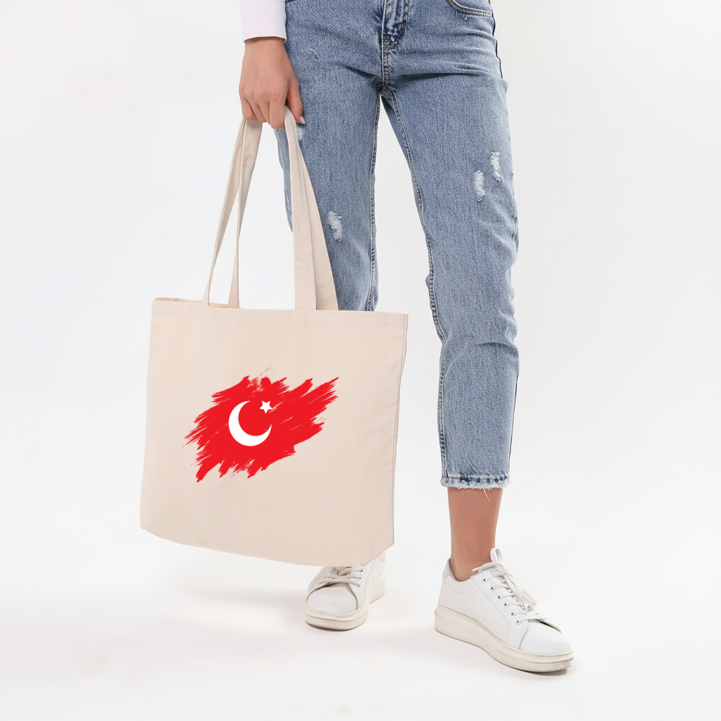 Brushstroke Turkish Flag Crescent Moon Horizontal Canvas Tote Bag