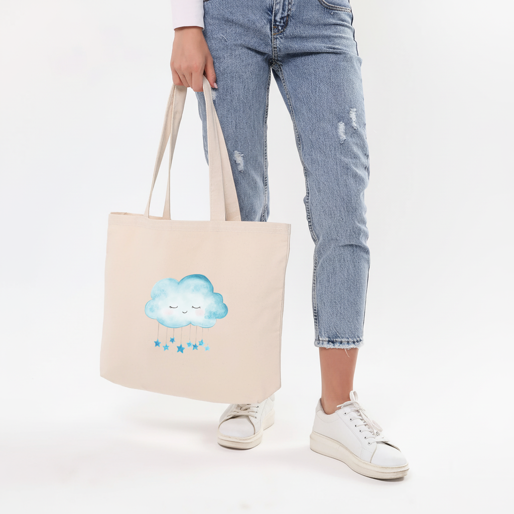 Watercolor Sleepy Cloud and Blue Stars Horizontal Canvas Tote Bag