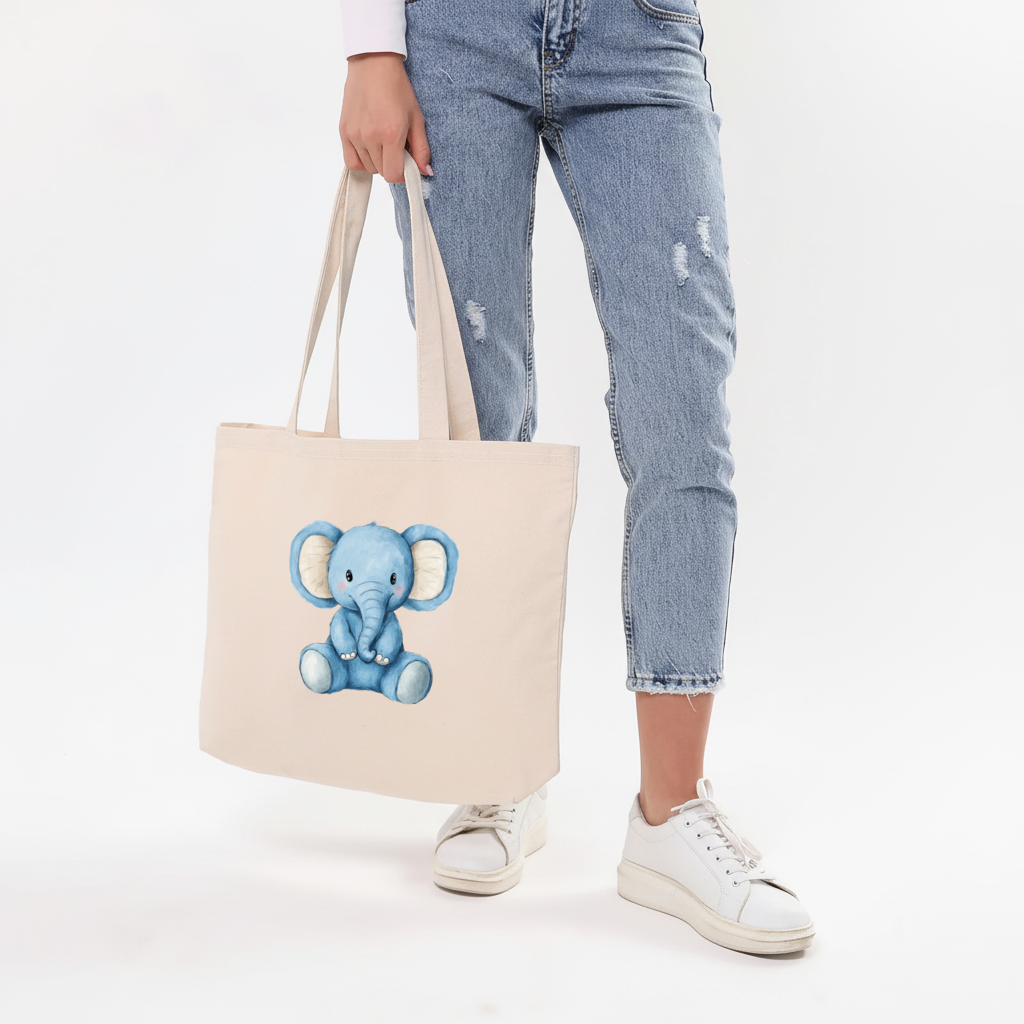 Cute Blue Watercolor Baby Elephant Horizontal Canvas Tote Bag