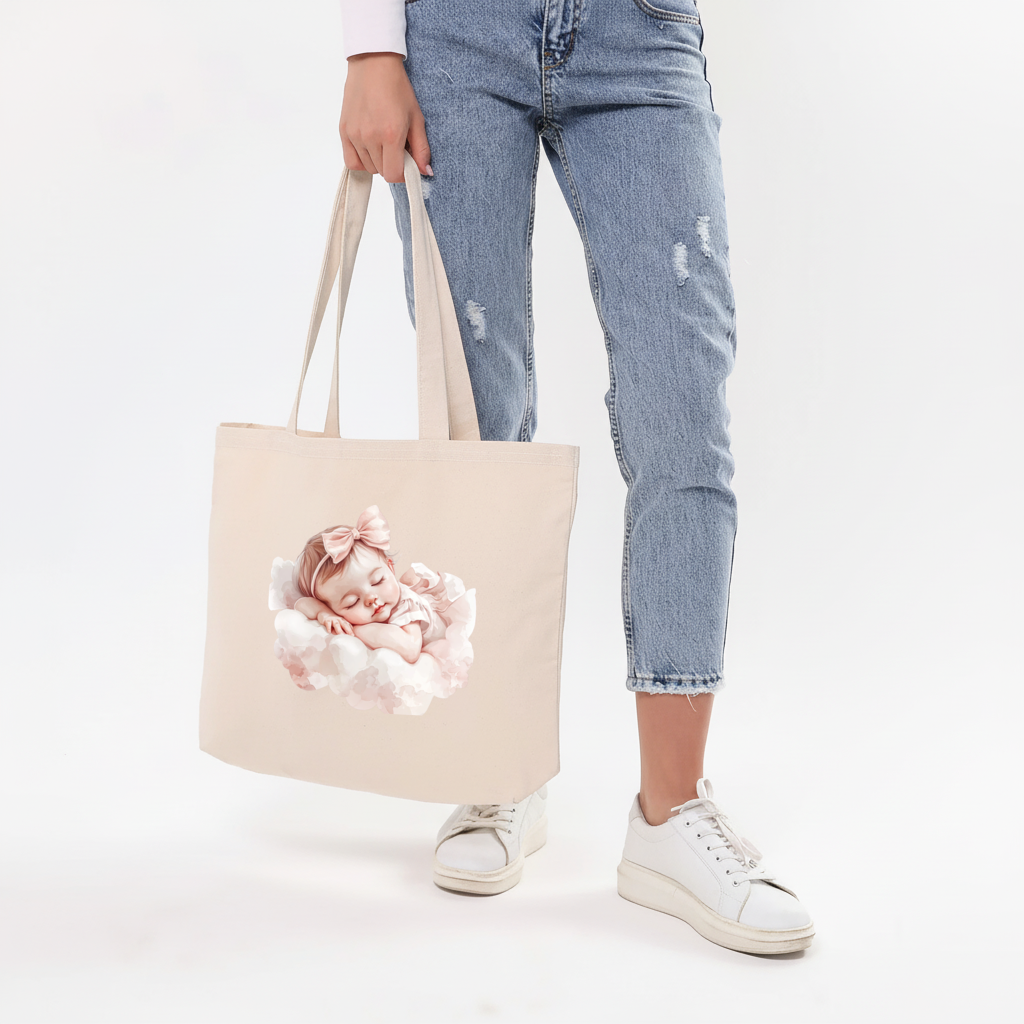 Sleeping Baby Girl with Pink Bow Horizontal Canvas Tote Bag