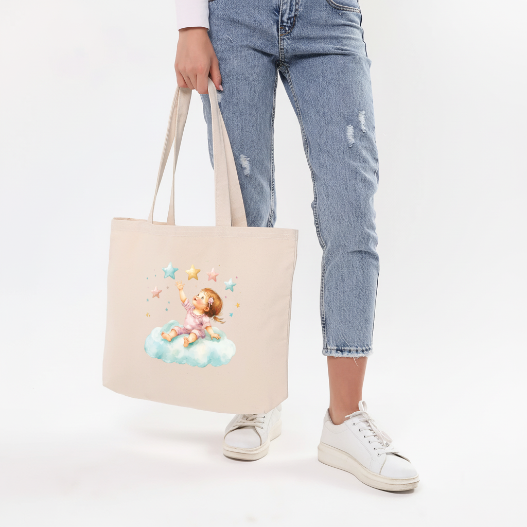 Baby Girl Reaching for Stars on a Cloud Horizontal Canvas Tote Bag