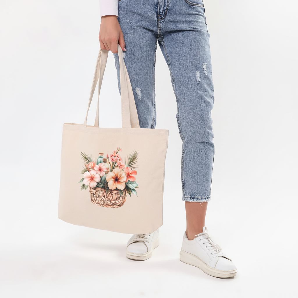 Tropikal Hibiskus Çiçekli Hasır Sepet Yatay Canvas Çanta